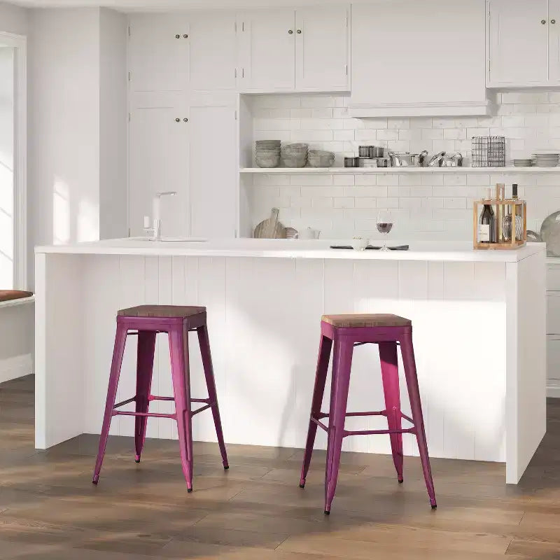 Backless Metal Dining Stool with Wooden Seat for Indoor Use, 30" Height