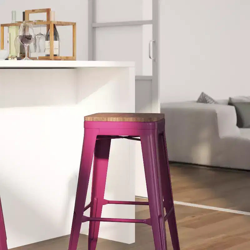Backless Metal Dining Stool with Wooden Seat for Indoor Use, 30" Height