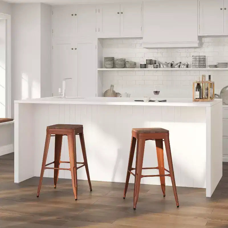 Backless Metal Dining Stool with Wooden Seat for Indoor Use, 30" Height