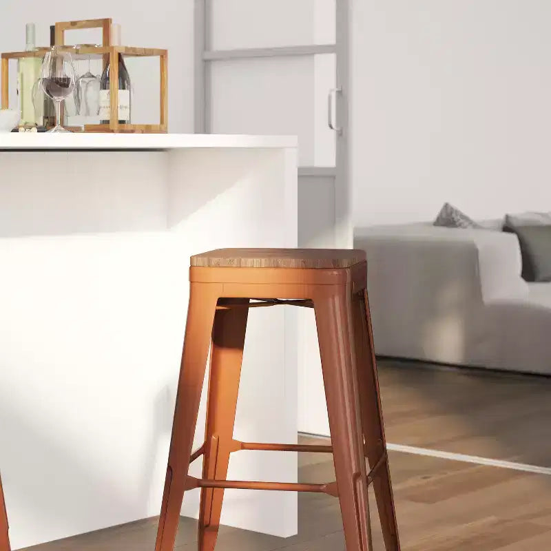 Backless Metal Dining Stool with Wooden Seat for Indoor Use, 30" Height