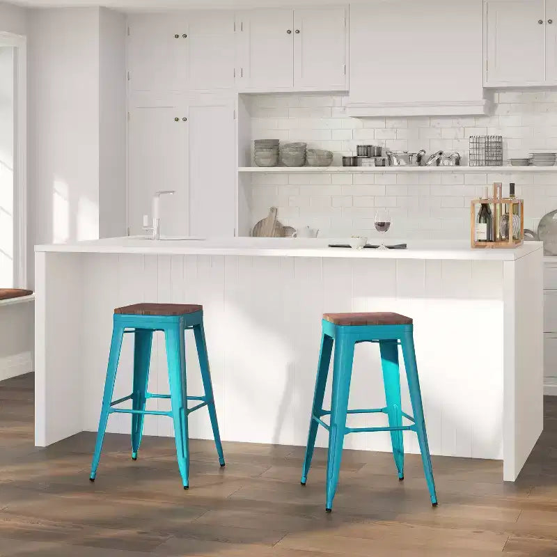 Backless Metal Dining Stool with Wooden Seat for Indoor Use, 30" Height