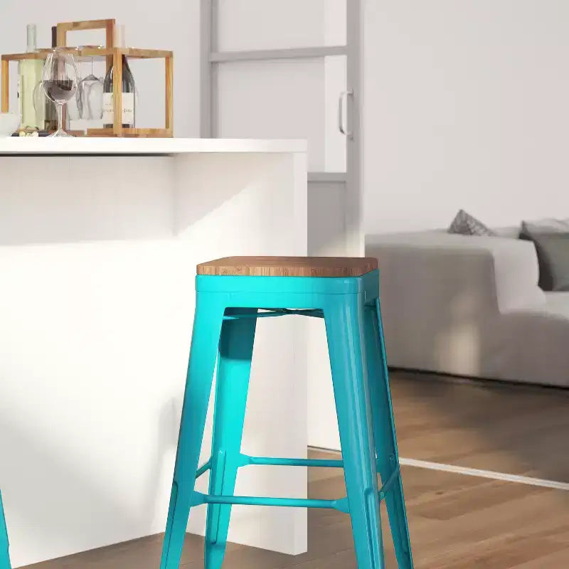 Backless Metal Dining Stool with Wooden Seat for Indoor Use, 30" Height
