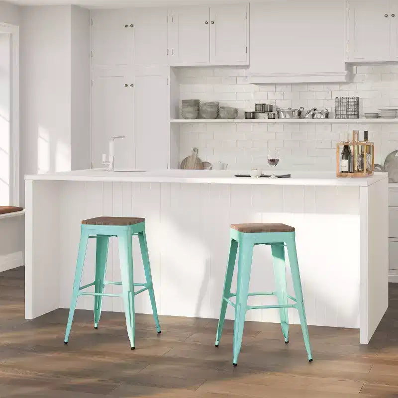 Backless Metal Dining Stool with Wooden Seat for Indoor Use, 30" Height