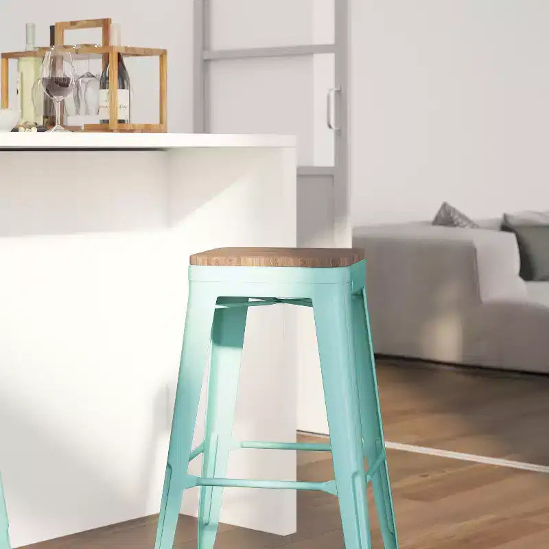 Backless Metal Dining Stool with Wooden Seat for Indoor Use, 30" Height