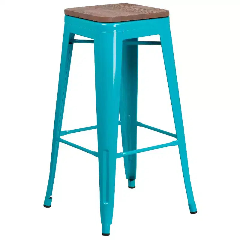 Backless Metal Dining Stool with Wooden Seat for Indoor Use, 30" Height
