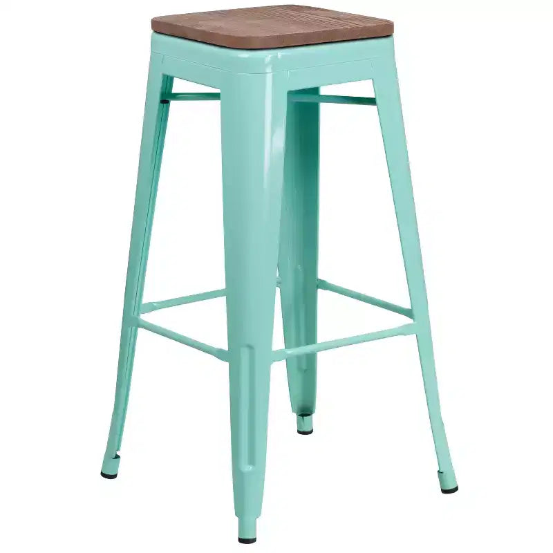 Backless Metal Dining Stool with Wooden Seat for Indoor Use, 30" Height