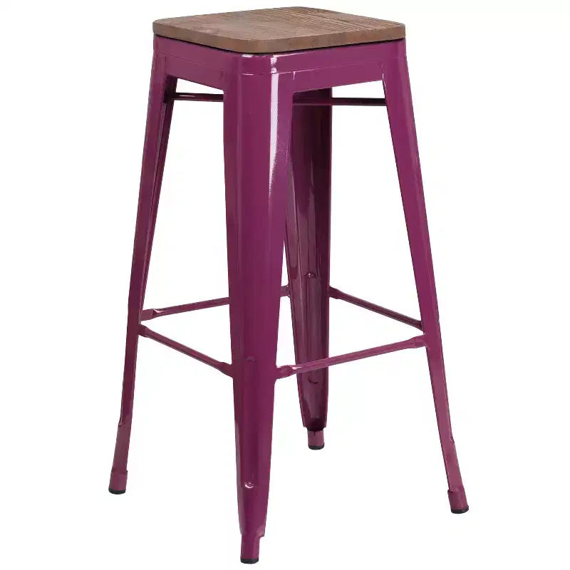 Backless Metal Dining Stool with Wooden Seat for Indoor Use, 30" Height