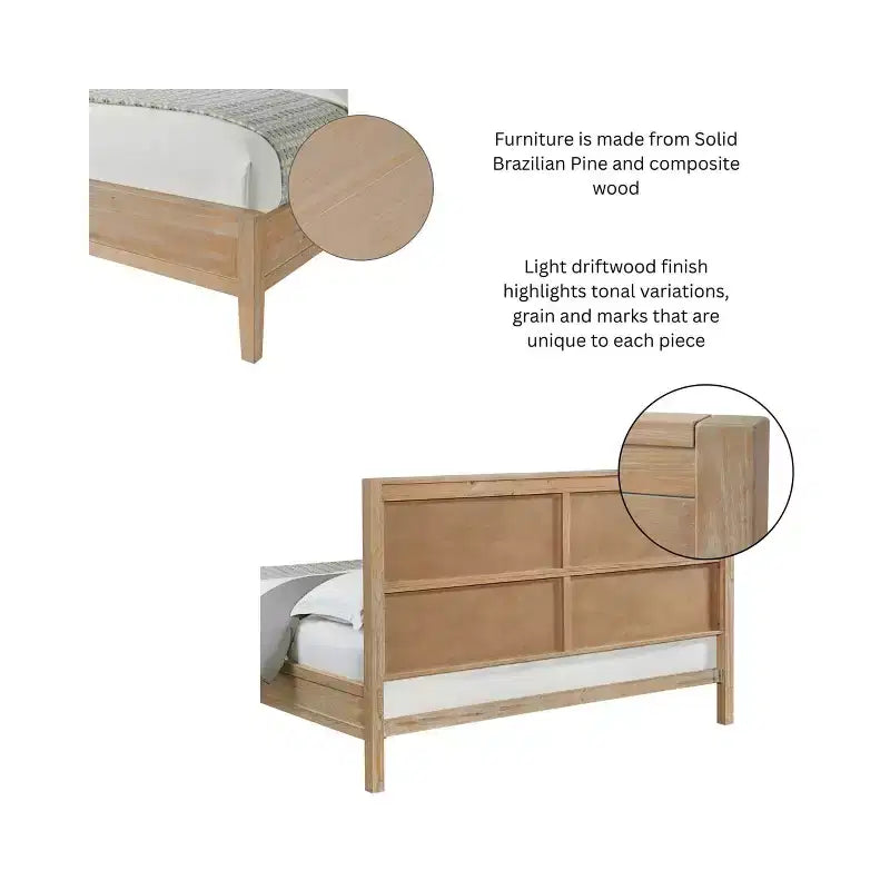 Panel Wood Bed, Light Driftwood Finish, Queen Size