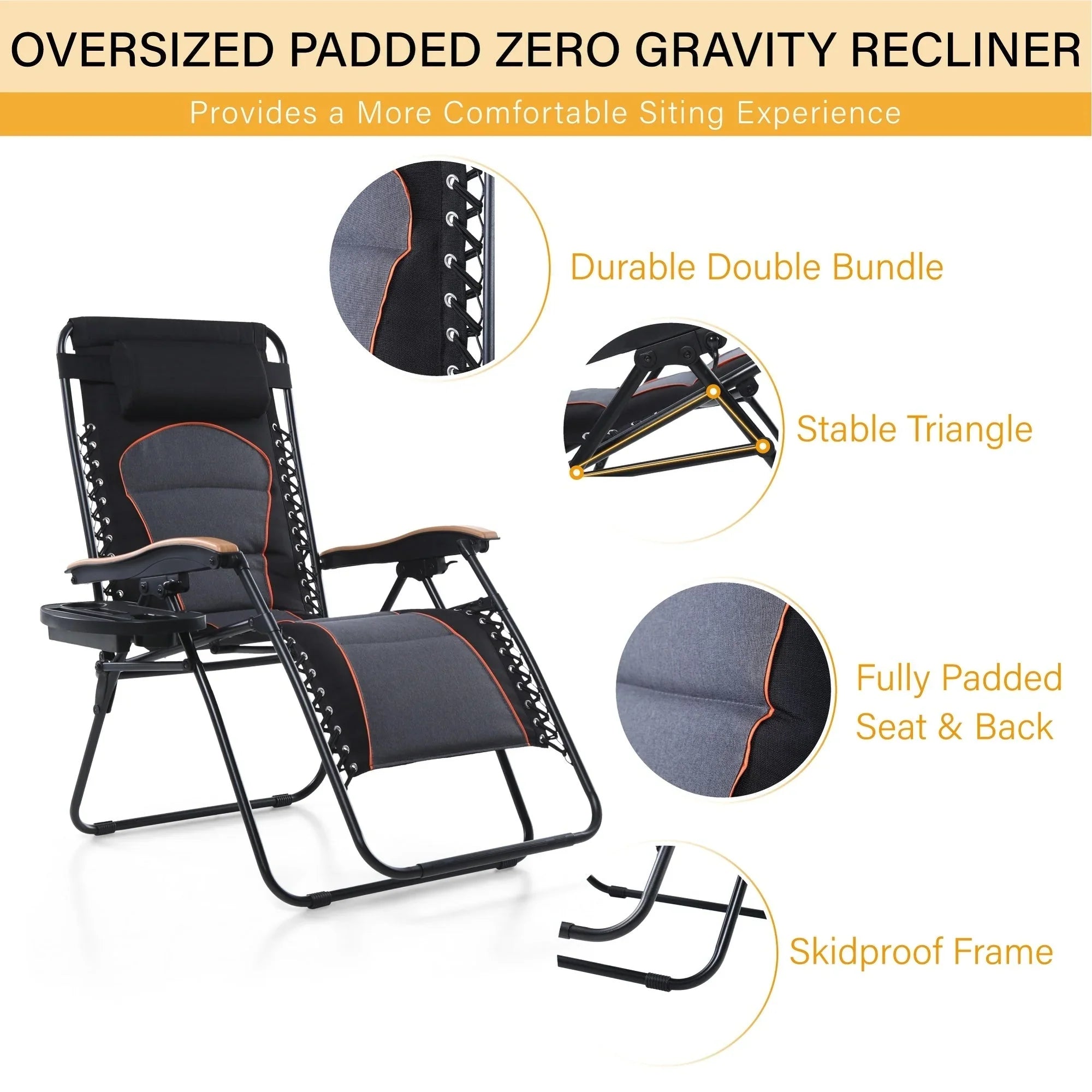 Fauteuil de relaxation zéro gravité XL surdimensionné rembourré avec accoudoirs plus larges et porte-gobelet réglable - N/A