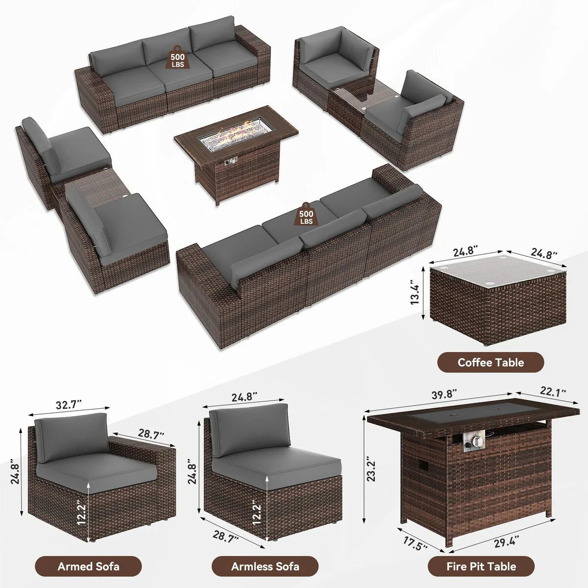 Ensemble de mobilier de jardin 13 pièces avec table brasero de 44 pouces